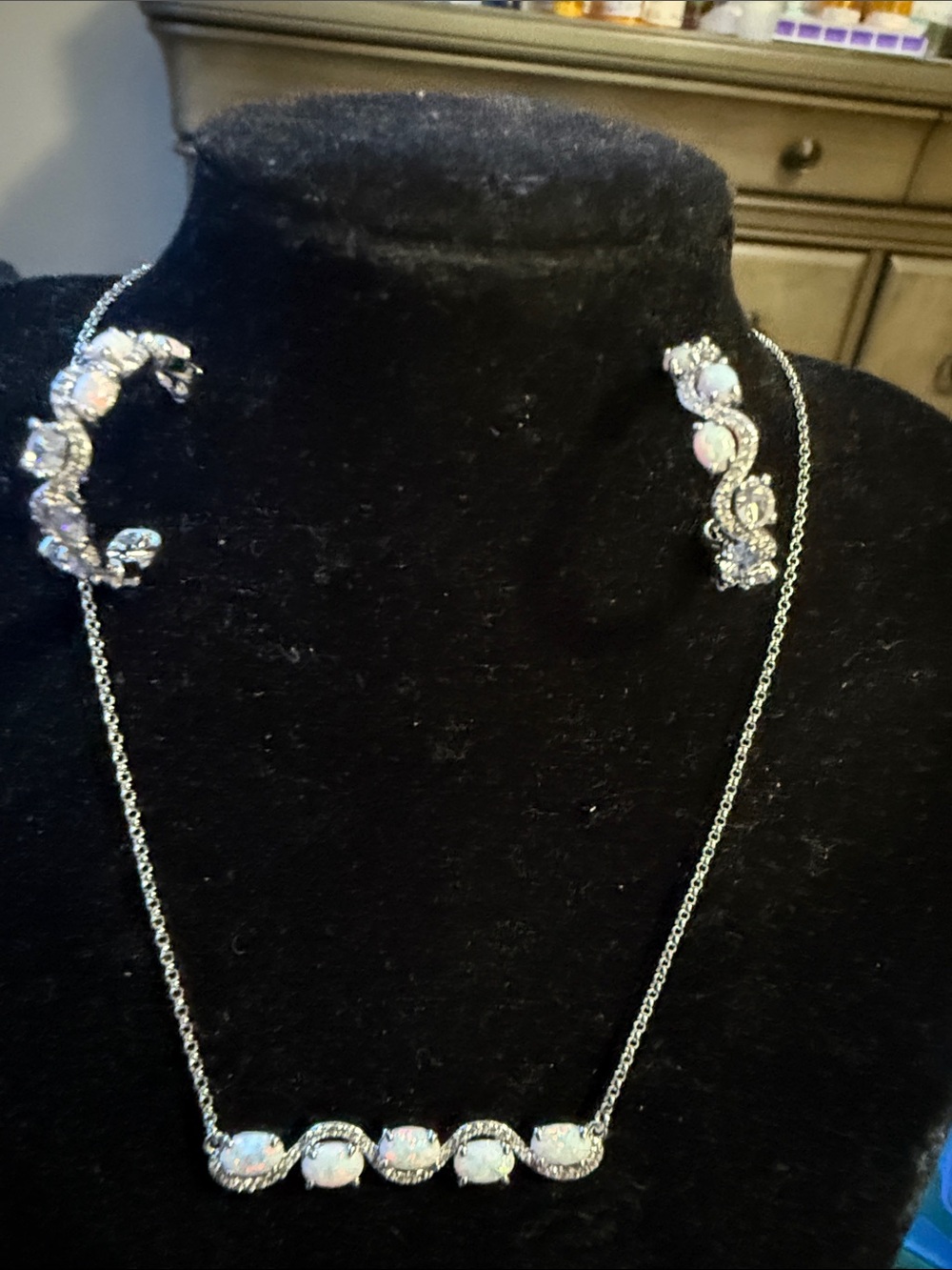 BP rhodium plated Opal & CZ Station bar Necklace and Earrings Set